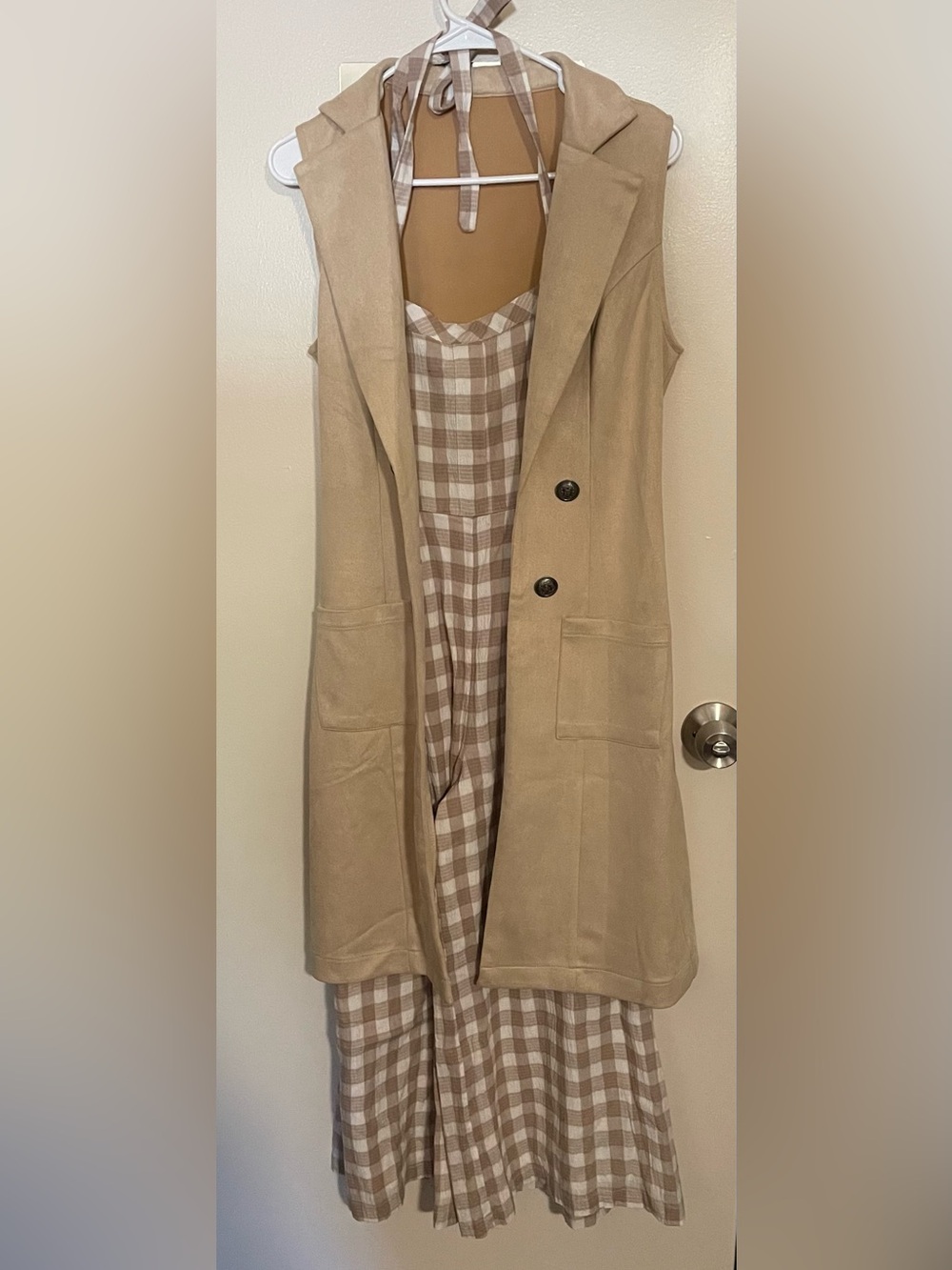Free People gingham jumper jumpsuit pants & faux suede long vest womens size S 4
